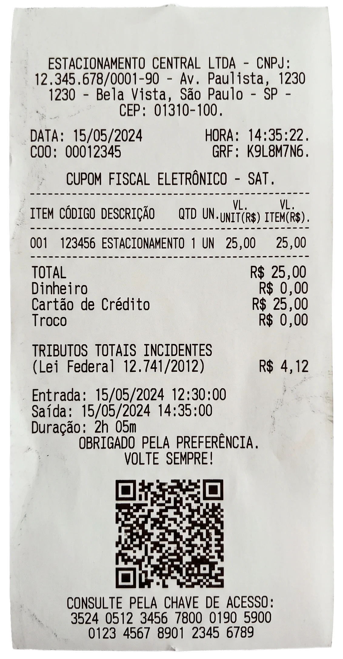 Estacionamento Central Recibo